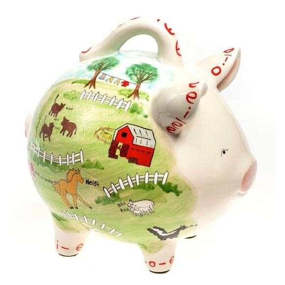 Hand Painted PIGGYBANK EXPRESS Piggy Bank 8" x 6.5" Old MacDonalds Farm Medium - Picture 1 of 10